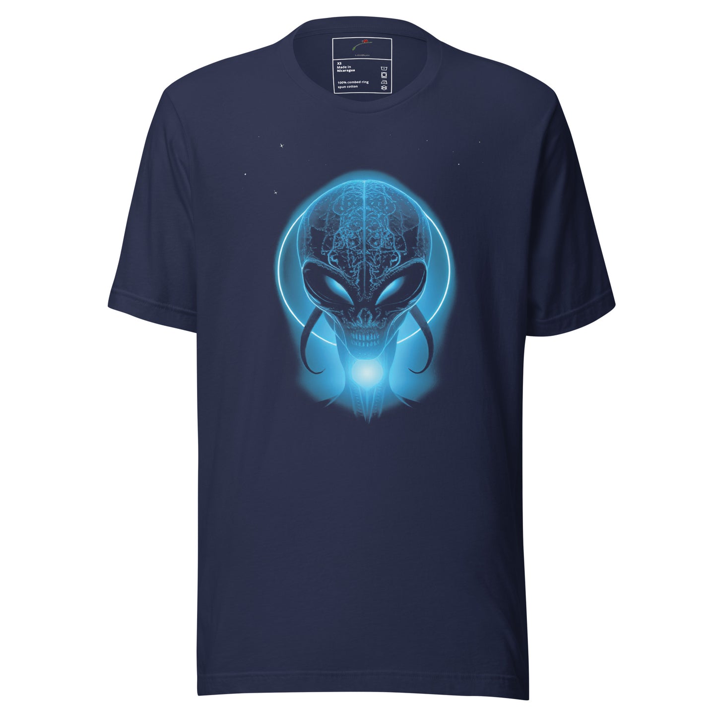 Men's alien t-shirt featuring a glowing alien design on a navy blue background