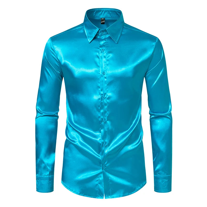 LuckeLadybug LLC men's black satin dress shirt in vibrant turquoise color for stylish formal occasions