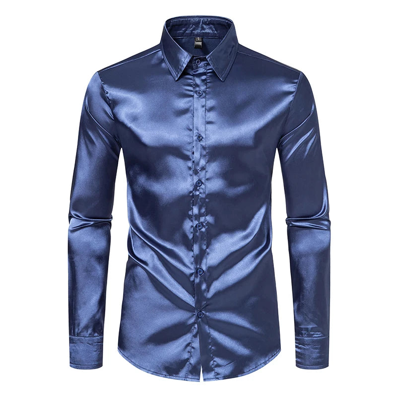 LuckeLadybug LLC men's black satin dress shirt with a sleek, stylish design for formal occasions