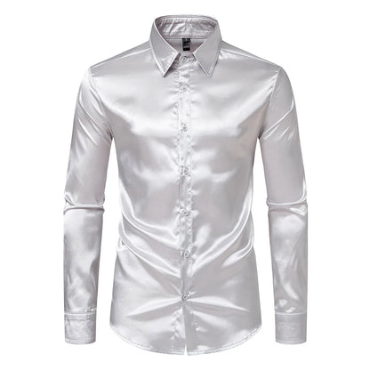 LuckeLadybug men's black satin dress shirt with a sleek and elegant finish for formal occasions