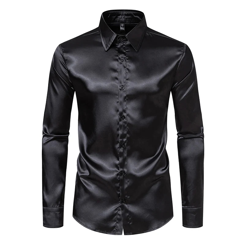 LuckeLadybug men's black satin dress shirt with a sleek finish and long sleeves