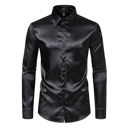 LuckeLadybug men's black satin dress shirt with a sleek finish and long sleeves