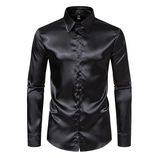 LuckeLadybug men's black satin dress shirt with a sleek finish and long sleeves