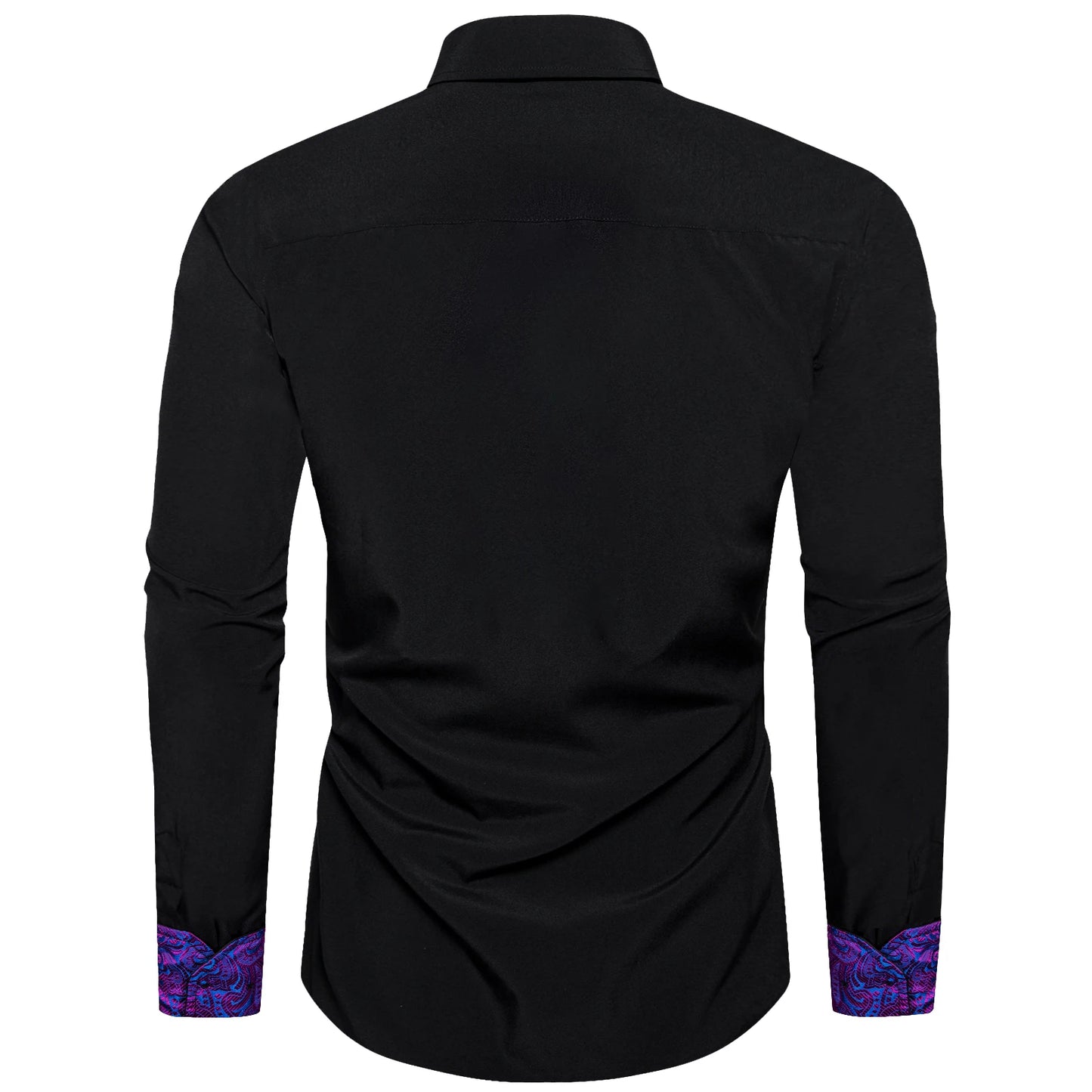 Men's black shirt with purple collar featuring a stylish design and elegant detailing on the cuffs