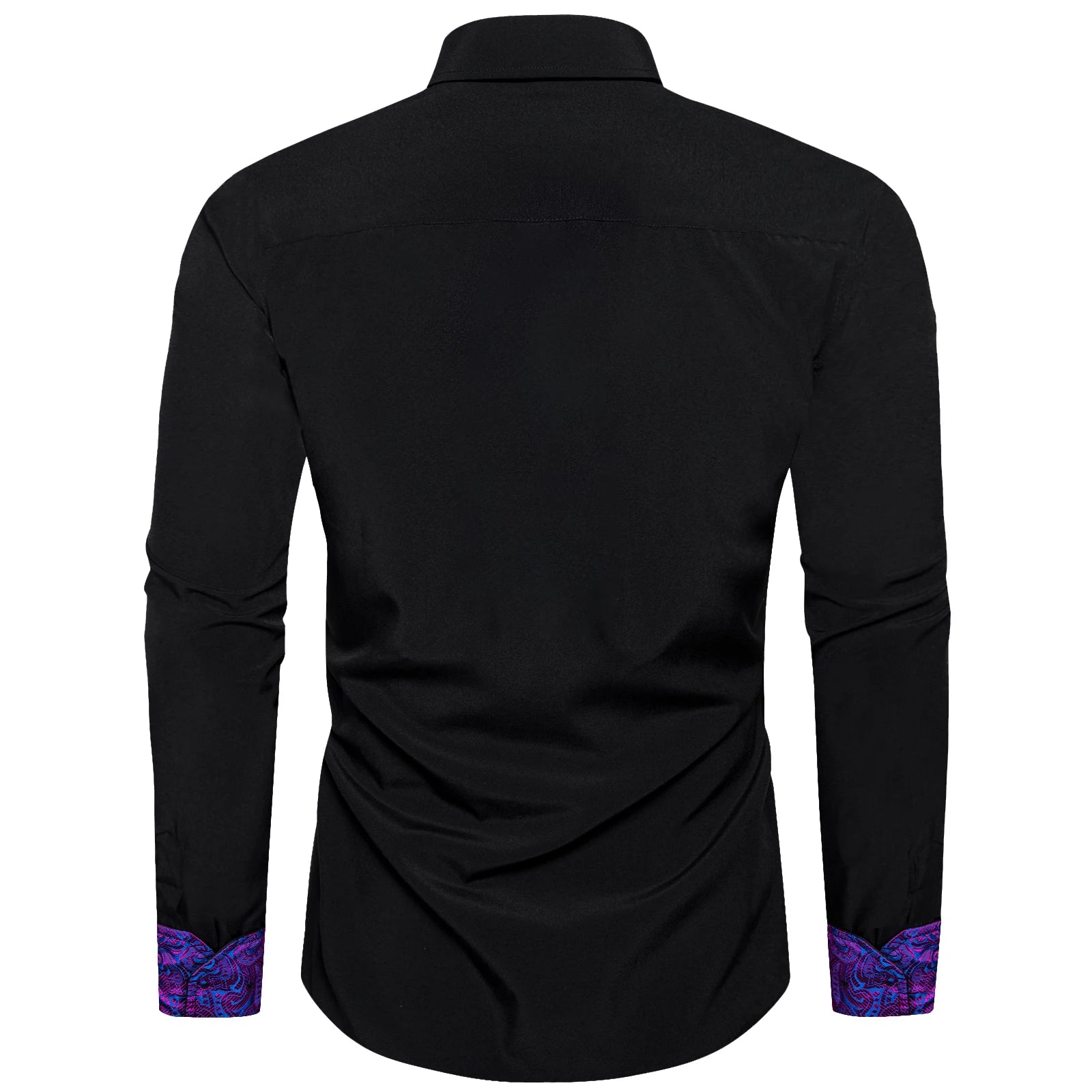 Men's black shirt with purple collar featuring a stylish design and elegant detailing on the cuffs