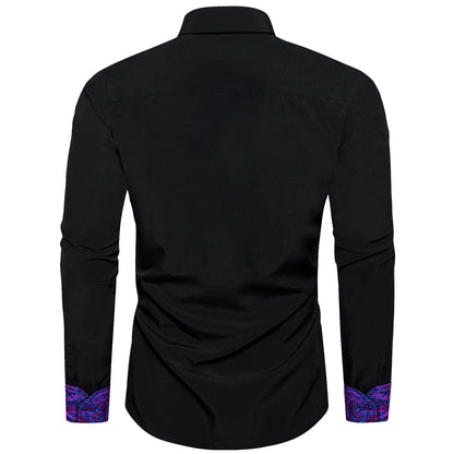 Men's black shirt with purple collar featuring a stylish design and elegant detailing on the cuffs
