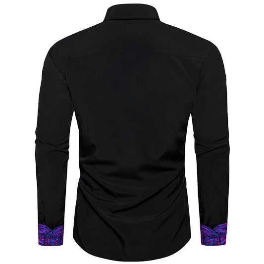 Men's black shirt with purple collar featuring a stylish design and elegant detailing on the cuffs
