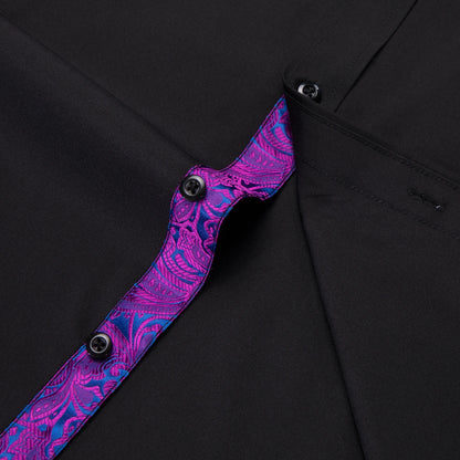 Detail of men's black shirt with purple collar featuring stylish buttons and elegant stitching
