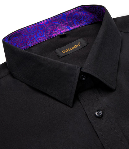 LuckeLadybug men's black shirt with purple collar featuring a stylish paisley design inside the collar
