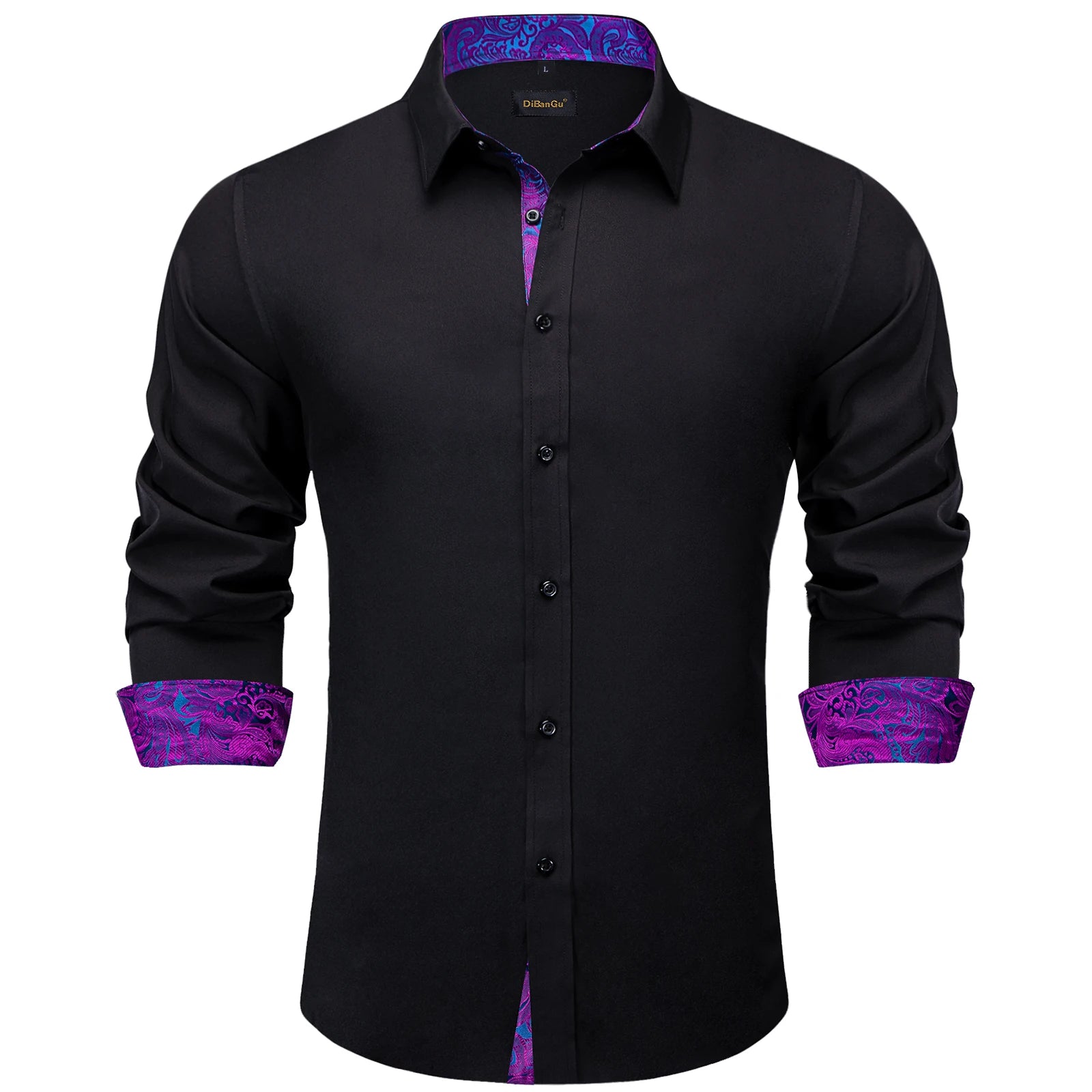LuckeLadybug LLC men's black shirt with purple collar featuring vibrant patterned details