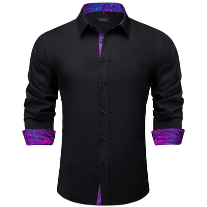 LuckeLadybug LLC men's black shirt with purple collar featuring vibrant patterned details