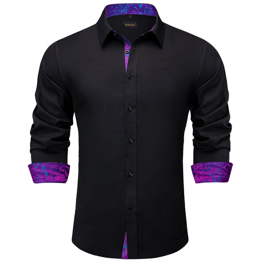LuckeLadybug LLC men's black shirt with purple collar featuring vibrant patterned details