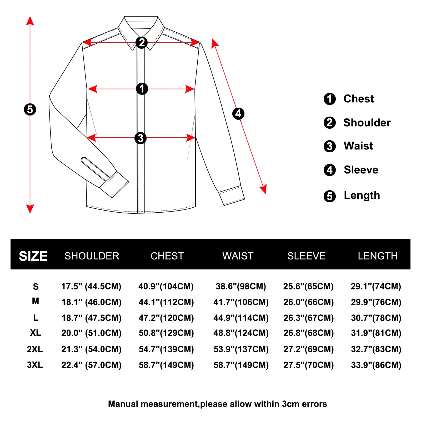 LuckeLadybug men's black shirt with purple collar featuring detailed size chart for perfect fit