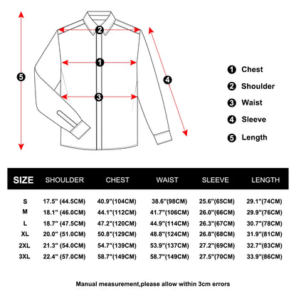 LuckeLadybug men's black shirt with purple collar featuring detailed size chart for perfect fit