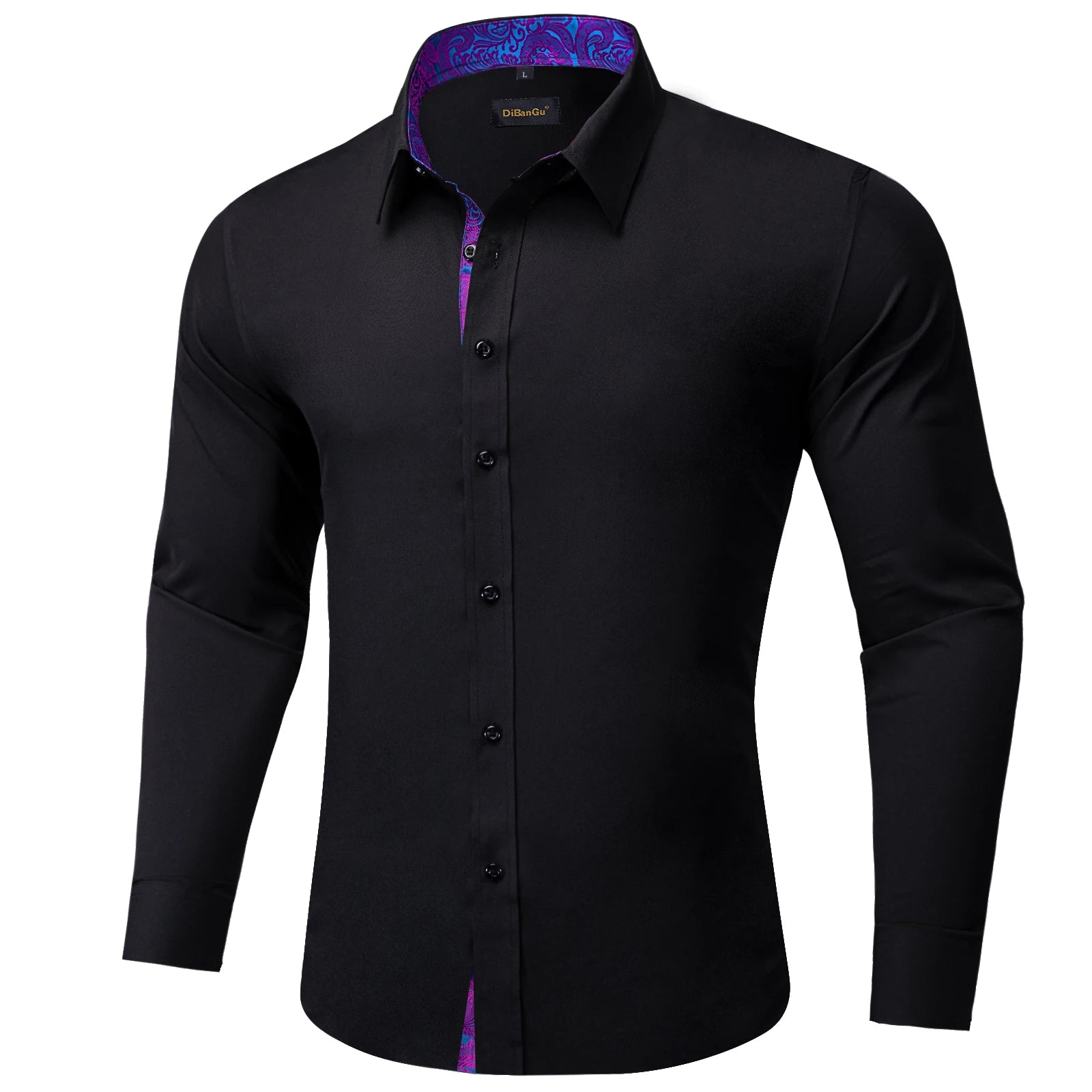 LuckeLadybug LLC men's black shirt with purple collar, tailored fit and stylish design for any occasion