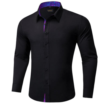 LuckeLadybug LLC men's black shirt with purple collar, tailored fit and stylish design for any occasion