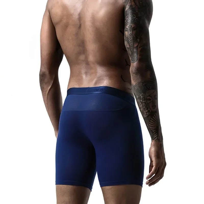 Men's breathable boxer briefs by LuckeLadybug LLC in navy blue for comfort and flexibility