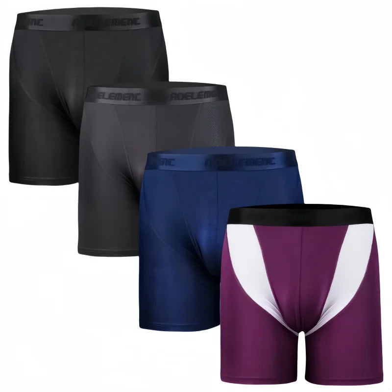Four packs of men's breathable boxer briefs in various colors for comfort and support