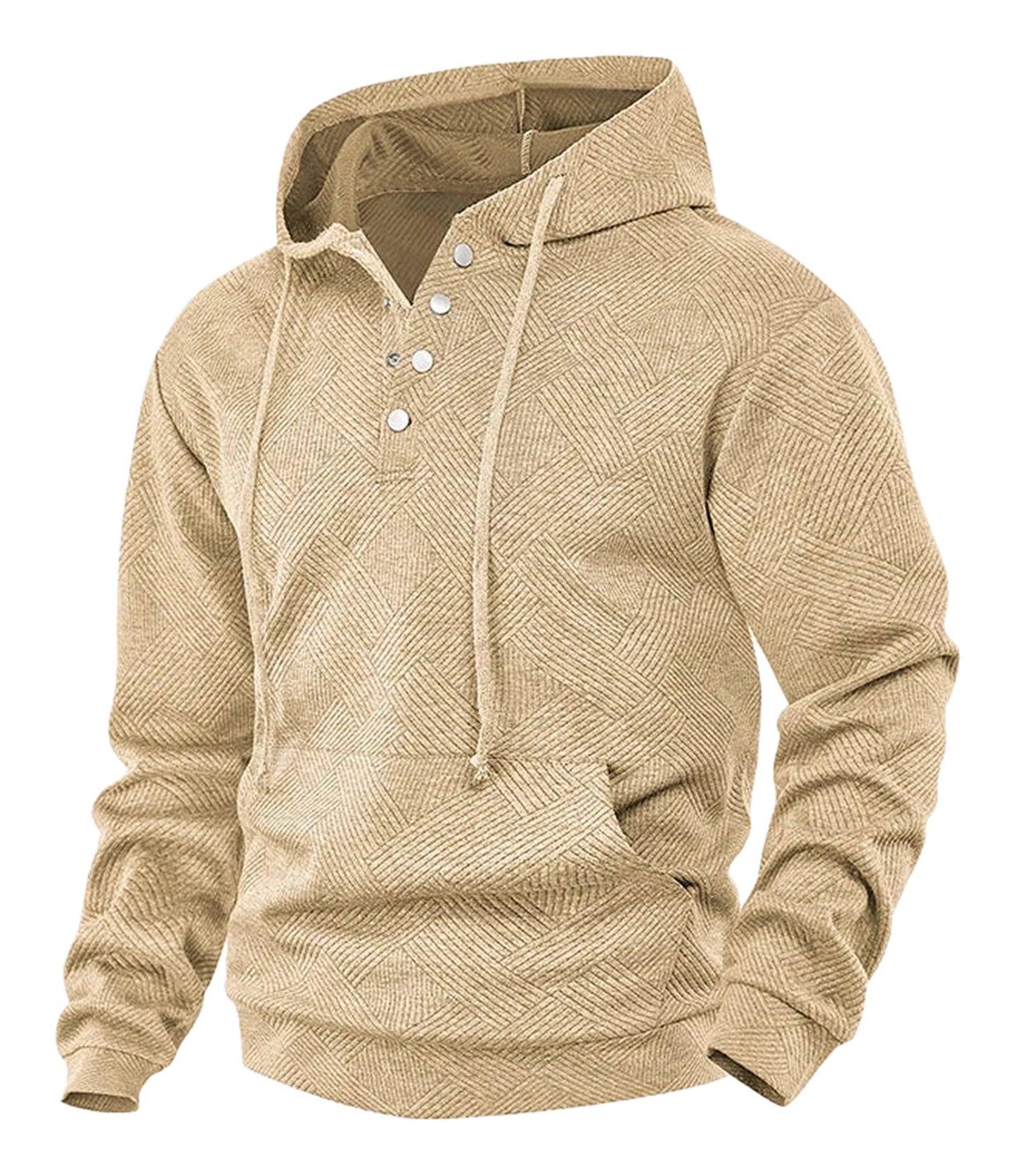 Men's casual hoodie pullover in beige with textured pattern and button details for a stylish look