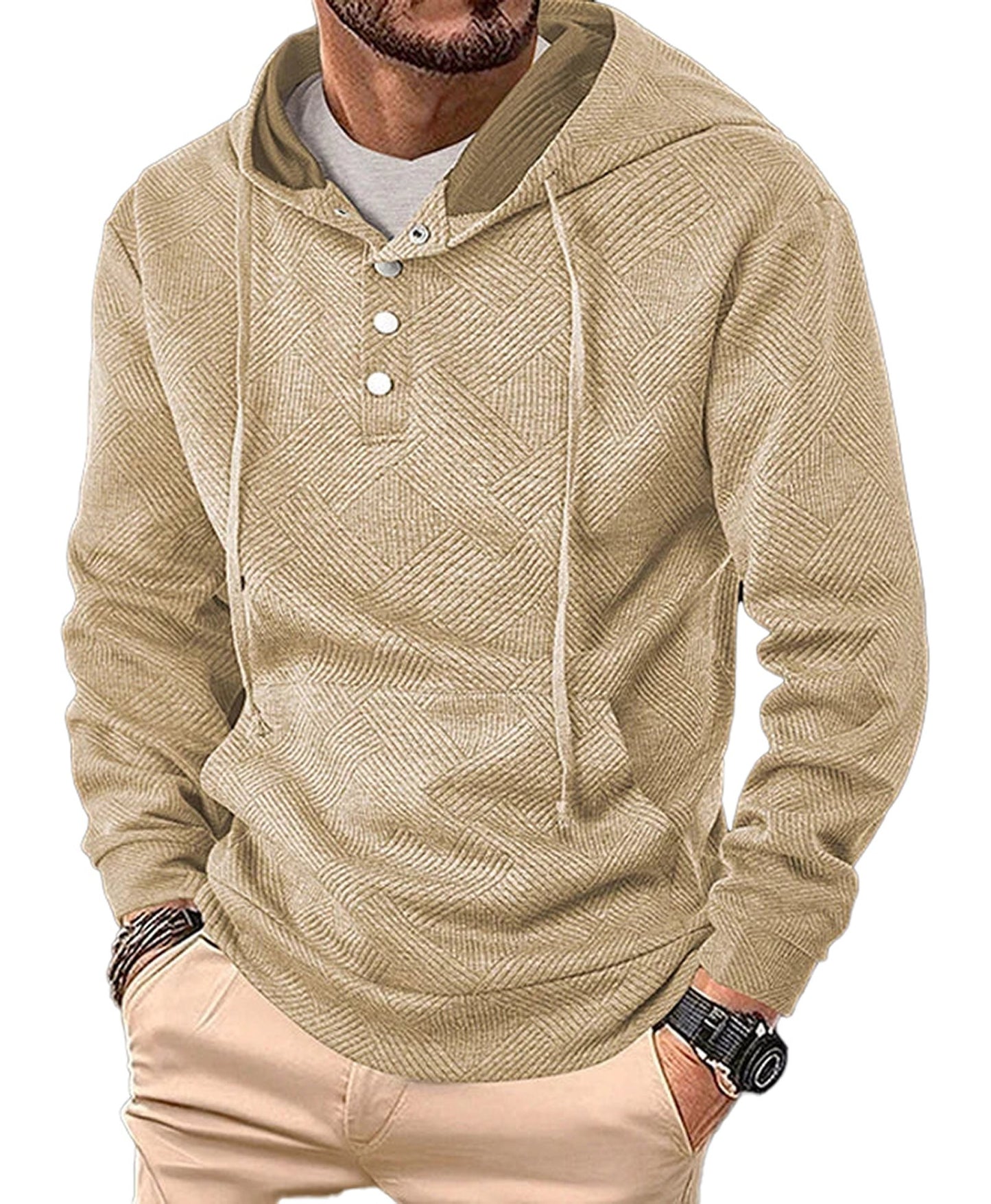 Men's casual hoodie pullover in beige with a textured pattern and a stylish buttoned neckline