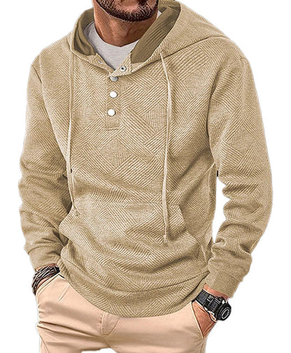 Men's casual hoodie pullover in beige with a textured pattern and a stylish buttoned neckline