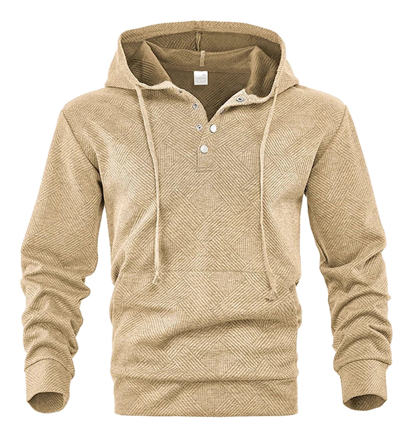 LuckeLadybug LLC men's casual hoodie pullover in beige with a textured pattern and button details