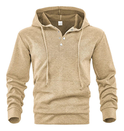 LuckeLadybug LLC men's casual hoodie pullover in beige with a textured pattern and button details