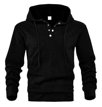 Men's casual hoodie pullover in black with a stylish buttoned neckline and comfortable fit
