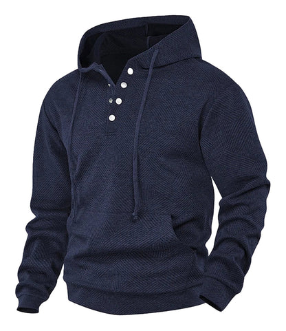 Navy blue men's casual hoodie pullover with button details and a comfortable fit from LuckeLadybug LLC