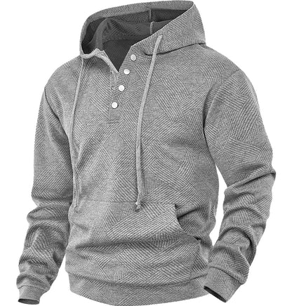 Men's casual hoodie pullover from LuckeLadybug LLC in gray with textured pattern and button details
