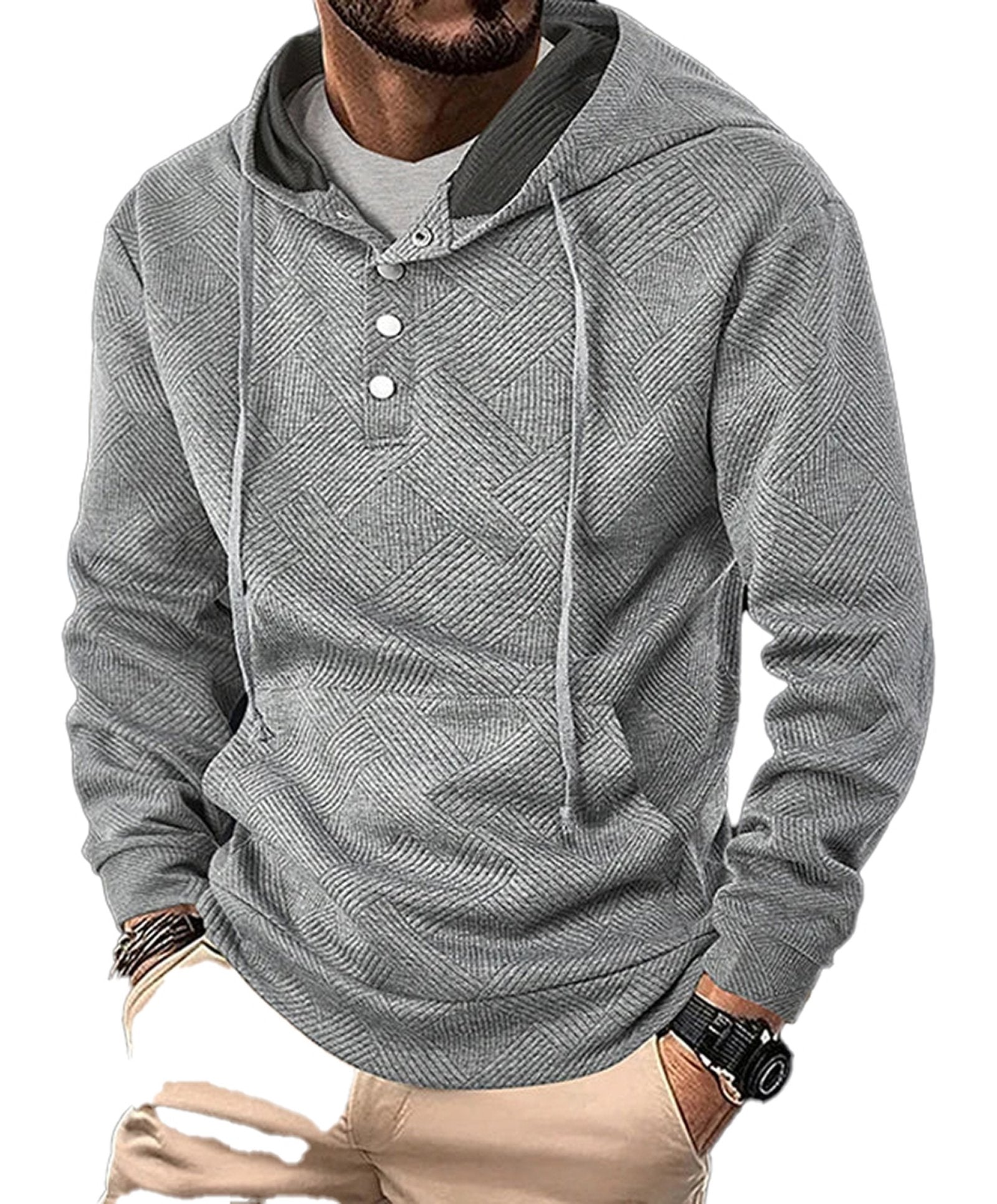 Men's casual hoodie pullover in gray with a textured pattern and adjustable hood for a stylish look