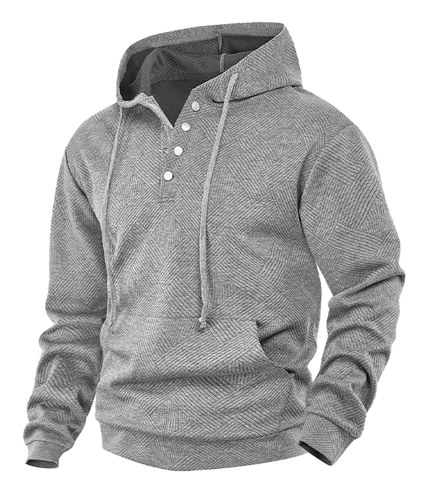 LuckeLadybug men's casual hoodie pullover in gray with button detailing and textured fabric