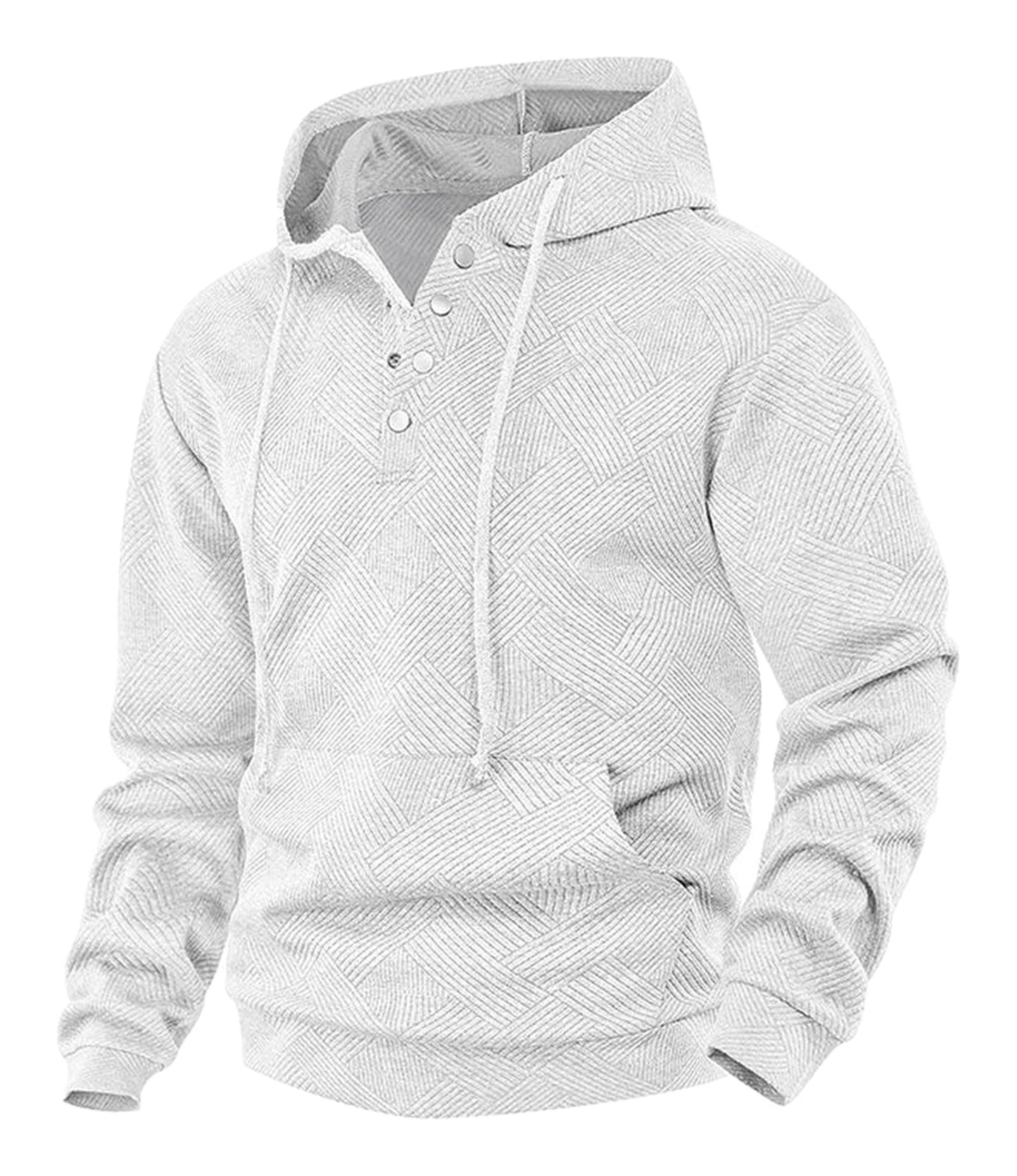 LuckeLadybug LLC men's casual hoodie pullover in light gray with textured pattern and adjustable drawstring