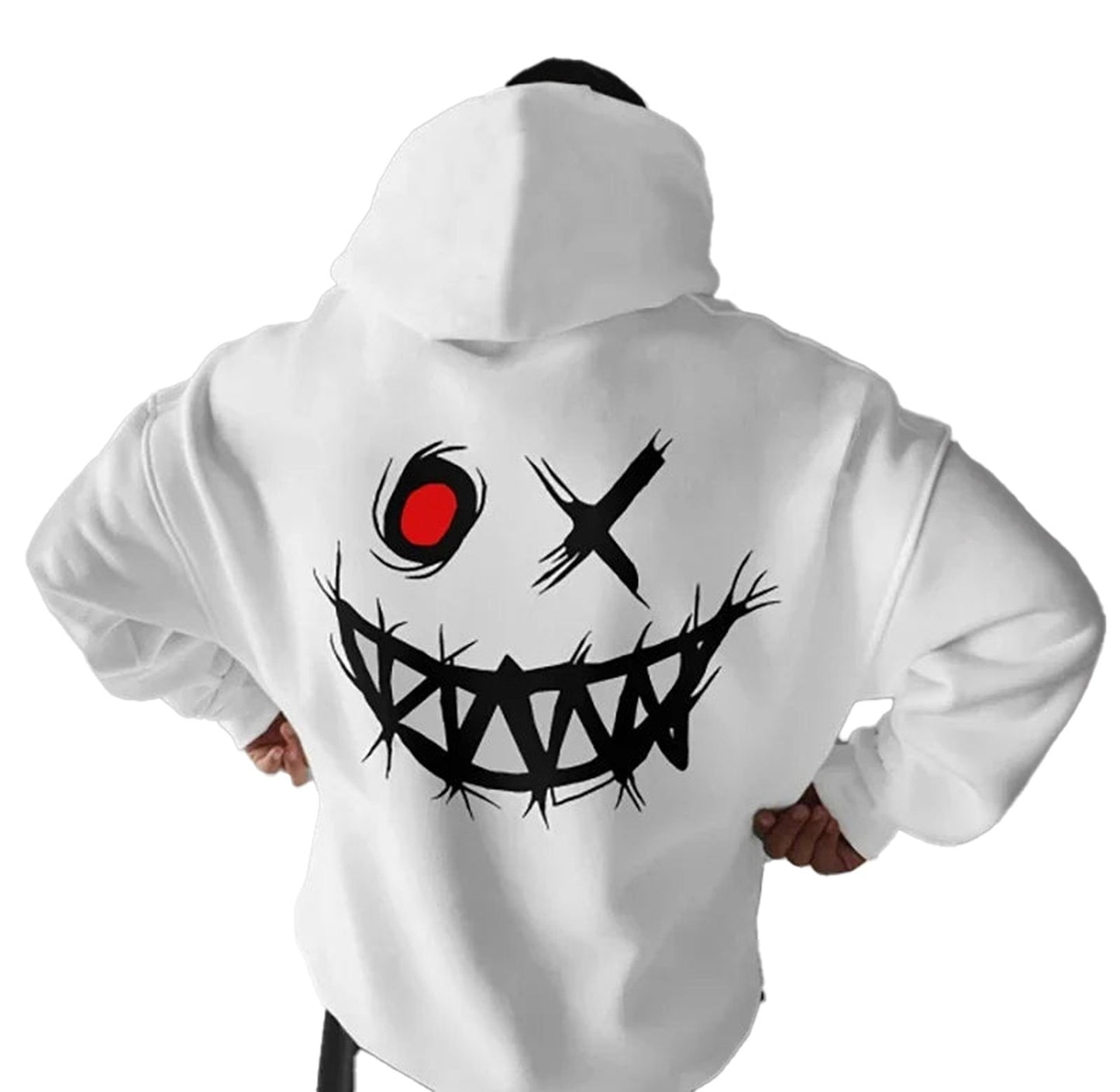 Men's casual hoodies featuring a unique smiling graphic on the back in white fabric