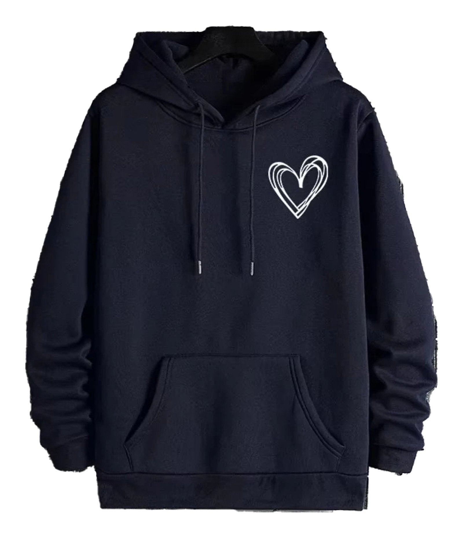 Navy blue mens casual printed hoodies featuring a heart design and a front pocket