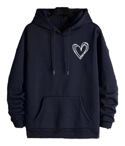 Navy blue mens casual printed hoodies featuring a heart design and a front pocket