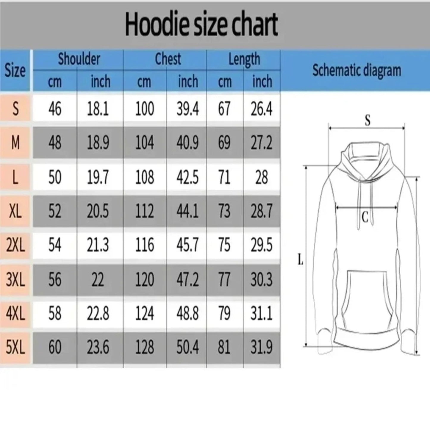 Hoodie size chart showing measurements for mens casual printed hoodies in various sizes