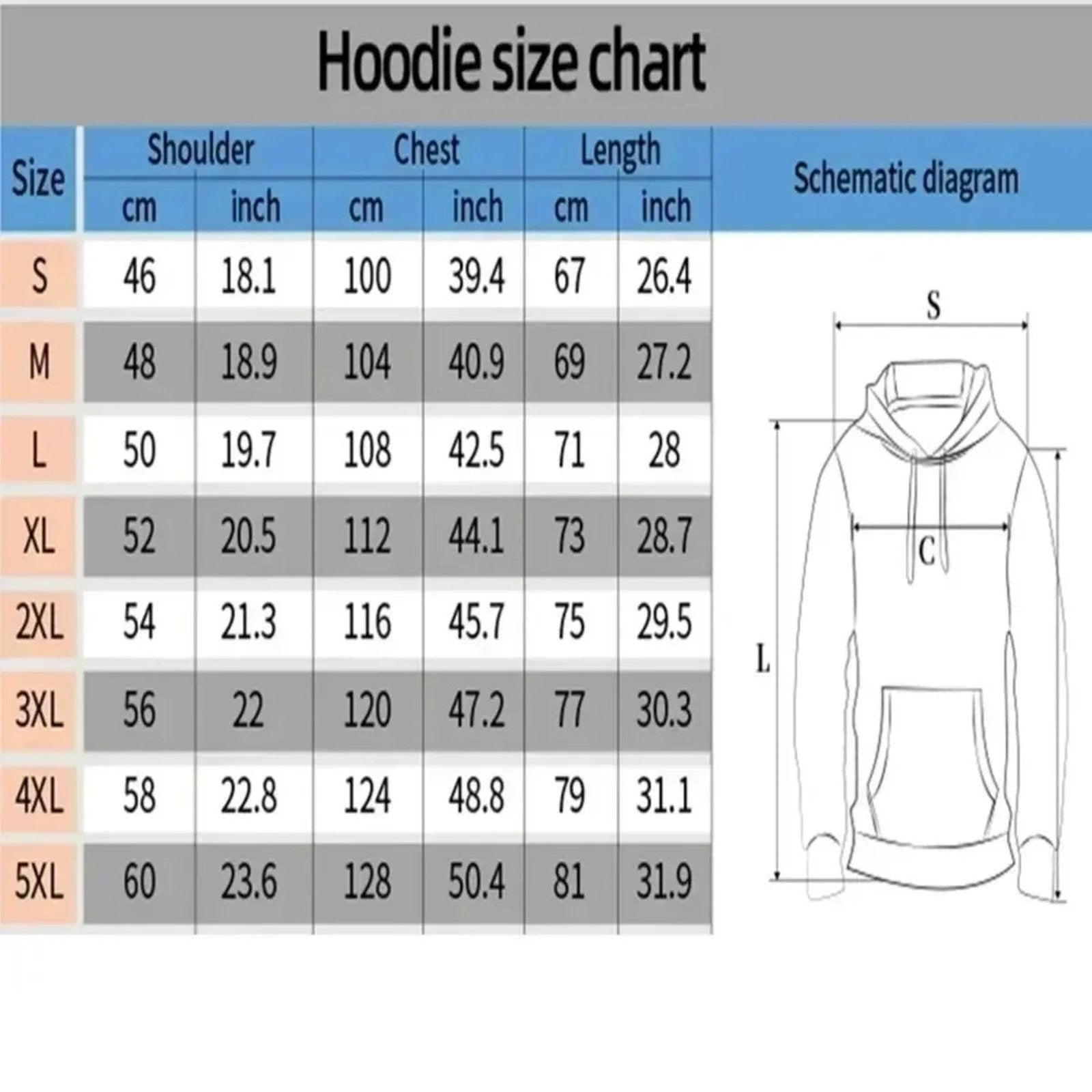 Hoodie size chart showing measurements for mens casual printed hoodies in various sizes