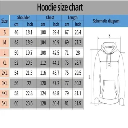Hoodie size chart showing measurements for mens casual printed hoodies in various sizes