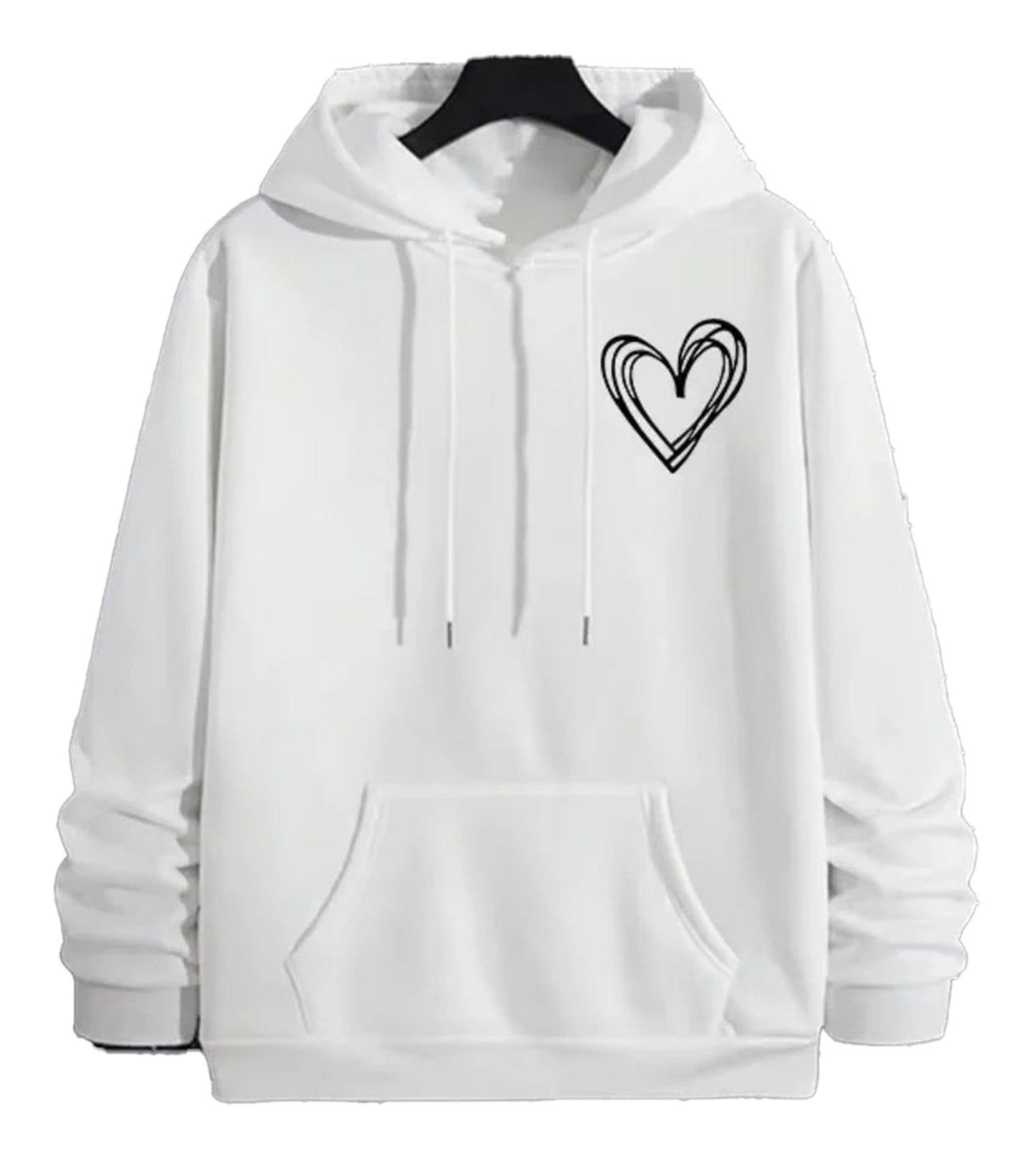 White hoodie with heart print, ideal for mens casual printed hoodies from LuckeLadybug LLC