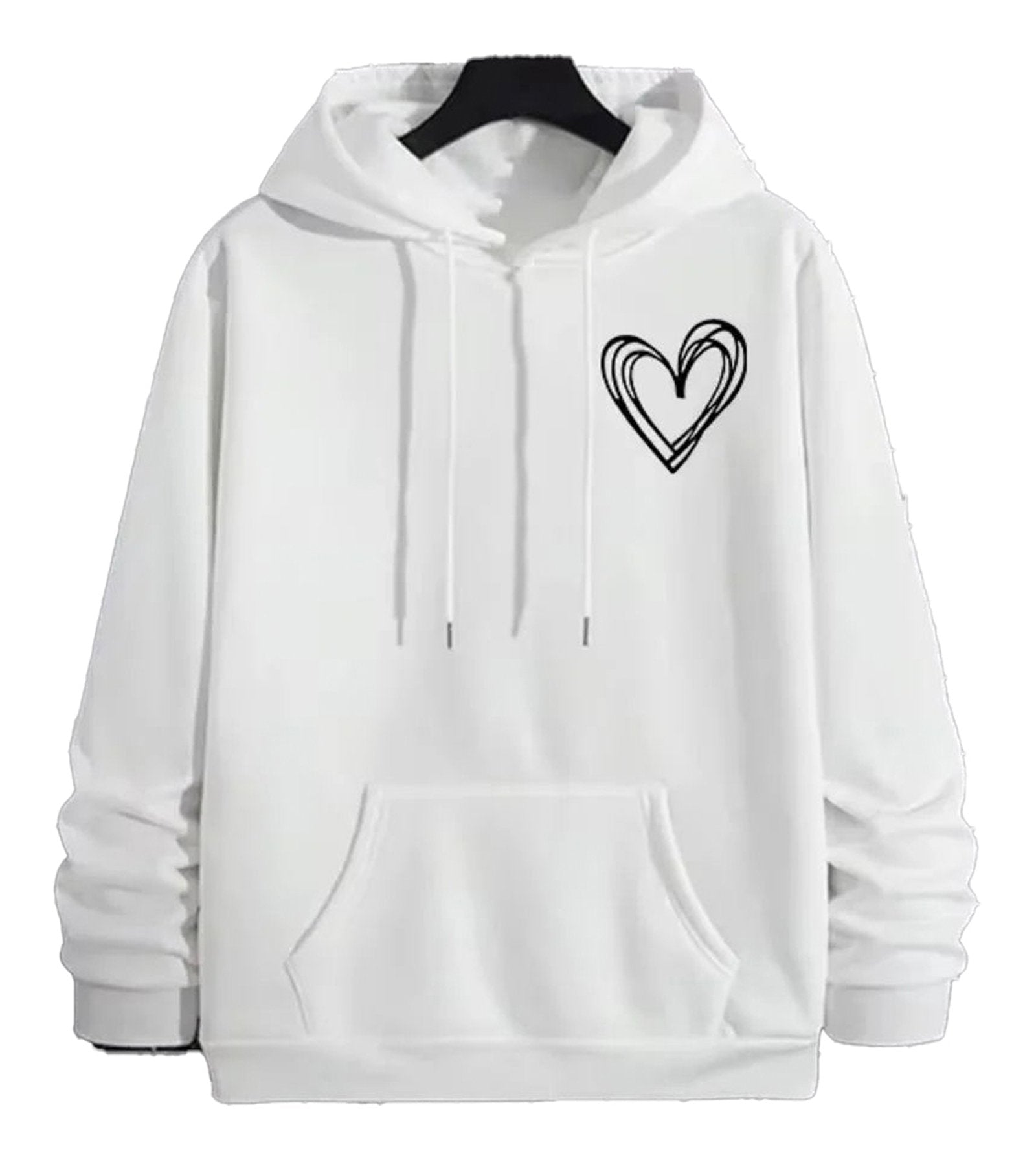 White hoodie with heart print, ideal for mens casual printed hoodies from LuckeLadybug LLC