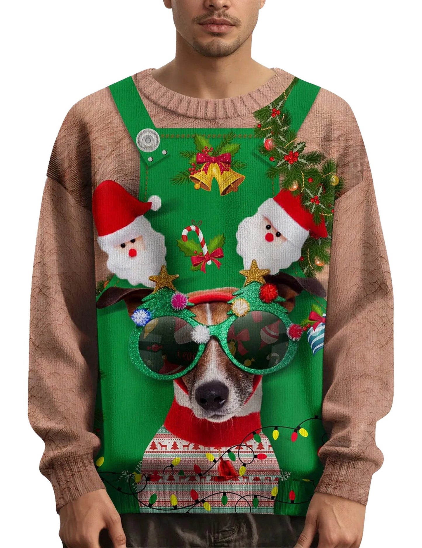 Men's Christmas sweater featuring a playful dog in sunglasses with Santa decorations