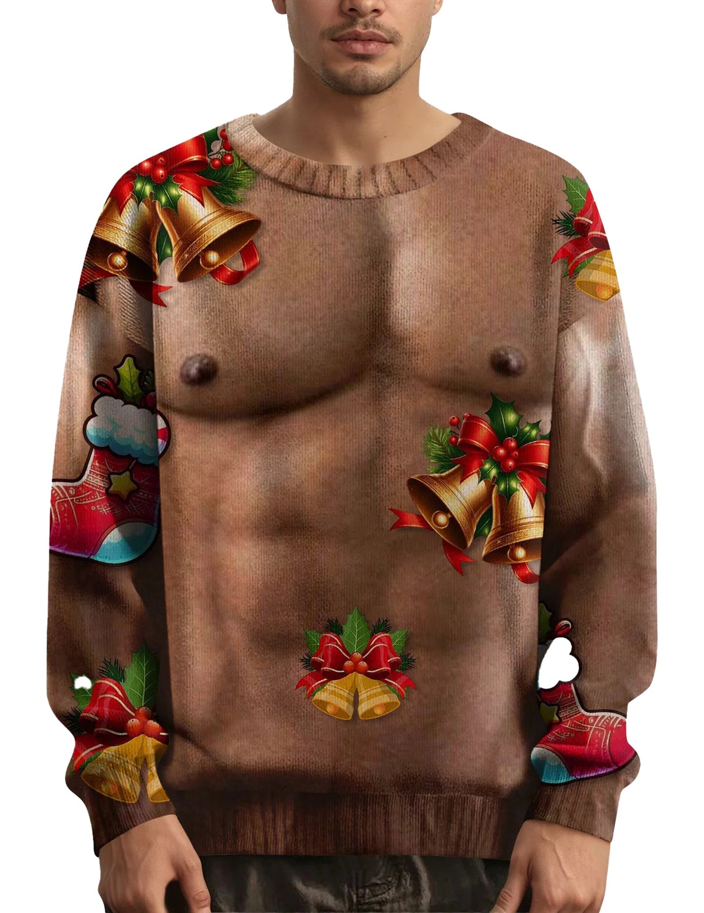 Men's Christmas sweater featuring festive bells, stockings, and holiday decorations for a fun seasonal look