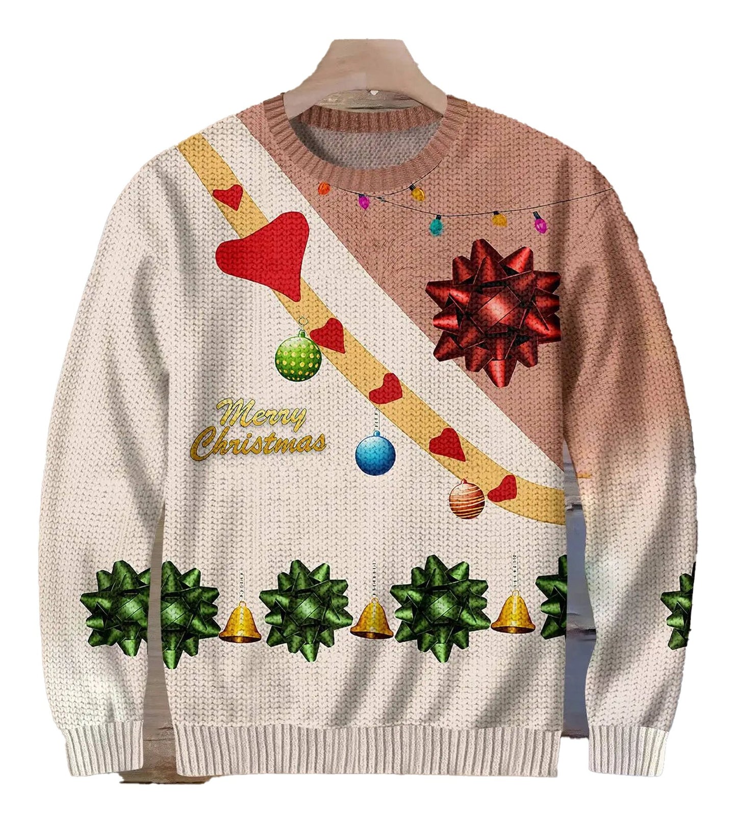 LuckeLadybug LLC men's Christmas sweater with festive decorations and vibrant colors for holiday cheer