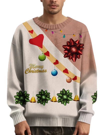 Men's Christmas sweater featuring festive ornaments and a cheerful design for holiday celebrations