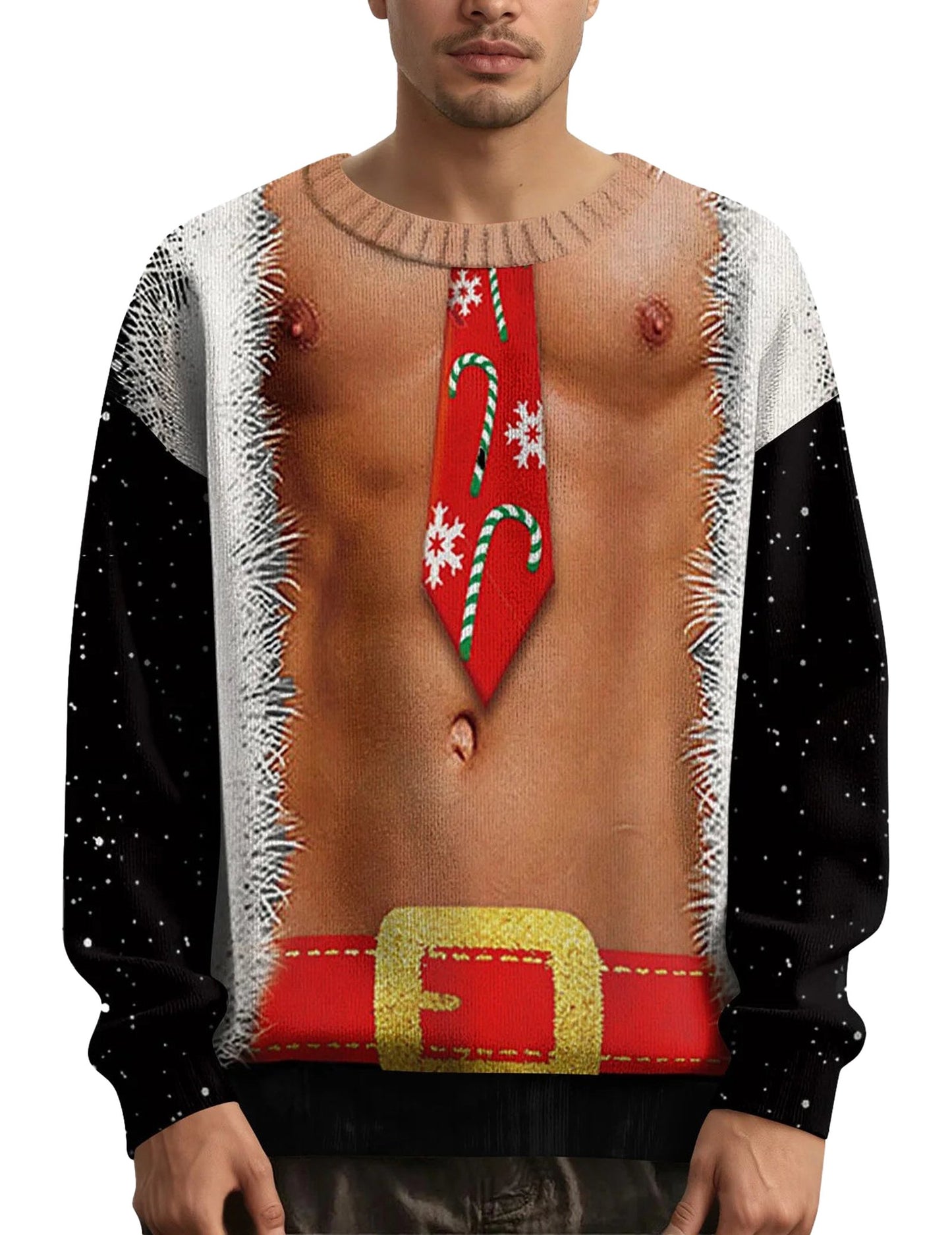 Men's Christmas sweater featuring a festive design with candy cane tie and holiday motifs