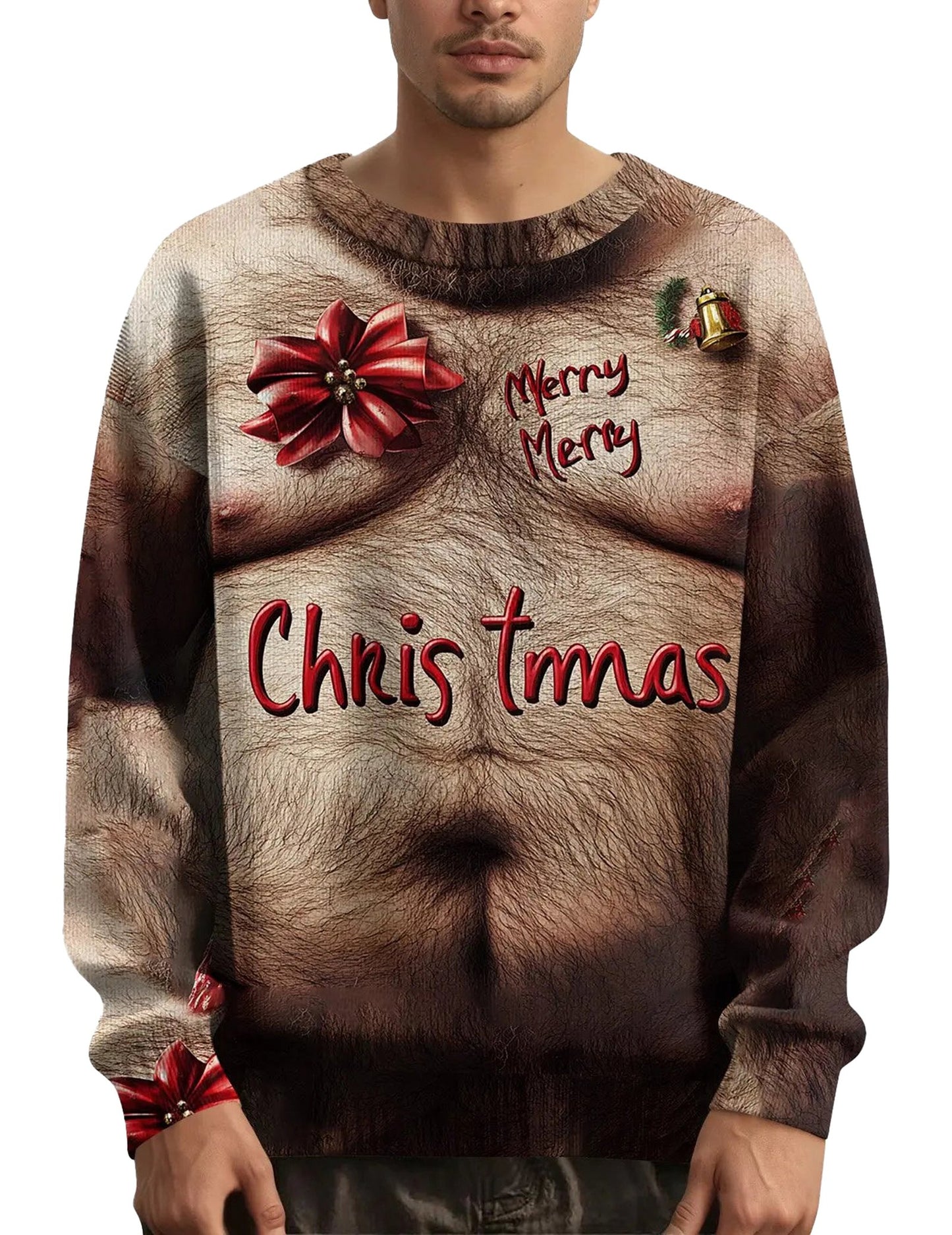 Men's Christmas sweater featuring a fun design with festive decorations and a humorous holiday theme