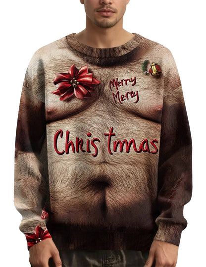 Men's Christmas sweater featuring a fun design with festive decorations and a humorous holiday theme