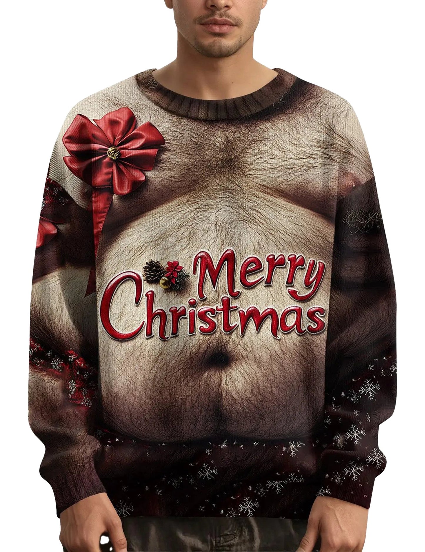 Men's Christmas sweater featuring a humorous design with a festive belly and bow for holiday gatherings
