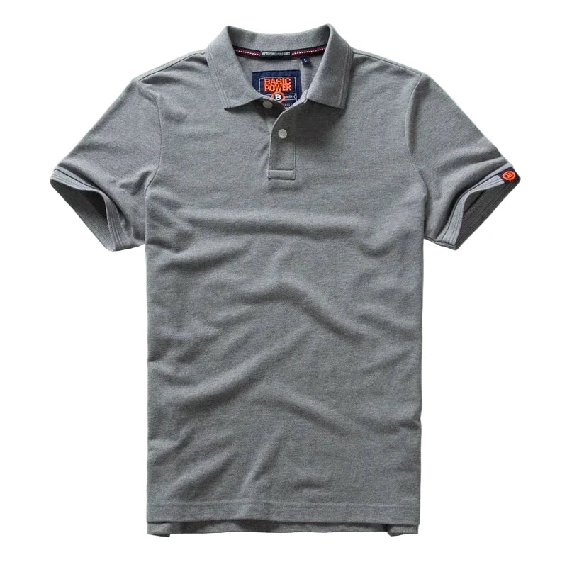 Men's cotton polo shirts in gray by LuckeLadybug LLC with a classic design and comfortable fit